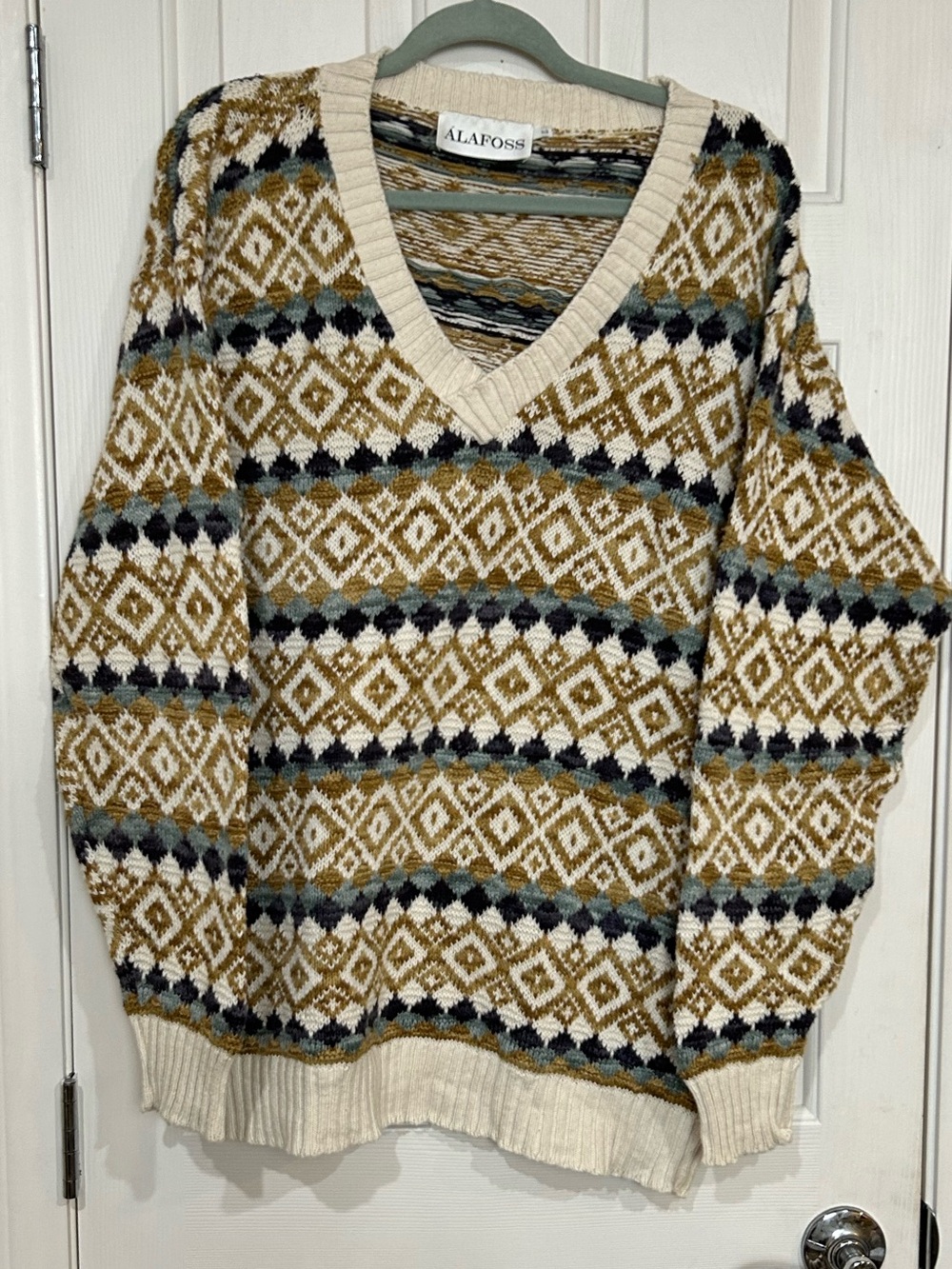 Álafoss Vintage 100% Cotton Fair Isle V-Neck Sweater Size Large Made in USA